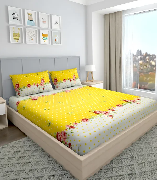 YELLOW_DOT_220_TC_-Cotton_Elastic_Fitted_King/Queen_Size_Bedsheets_With_2_Pillow_Covers