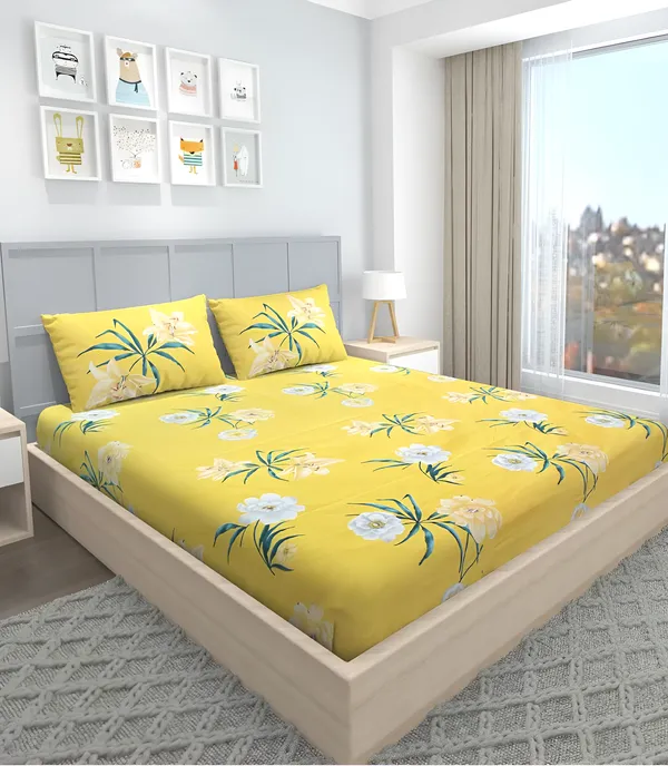 YELLOW_FLOWER_220_TC_-_Cotton_Elastic_Fitted_King/Queen_Size_Bedsheets_With_2_Pillow_Covers