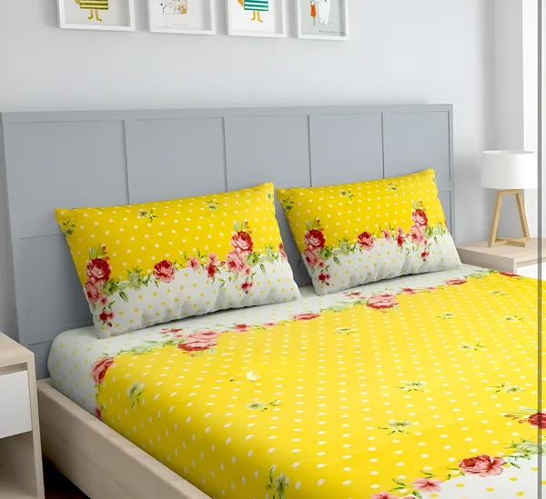 YELLOW_DOT_220_TC_-Cotton_Elastic_Fitted_King/Queen_Size_Bedsheets_With_2_Pillow_Covers