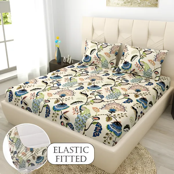 VOMZER_220_TC_Fitted_Elastic_Bedsheet_with_Two_Pillow_Covers_(72X78X_Up_to_10_Inches)_&_360_Degree_Elasticated