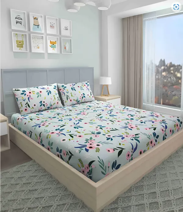 SEA_GREEN_220_TC_Cotton_Elastic_Fitted_King/Queen_Size_Bedsheets_With_2_Pillow_Covers