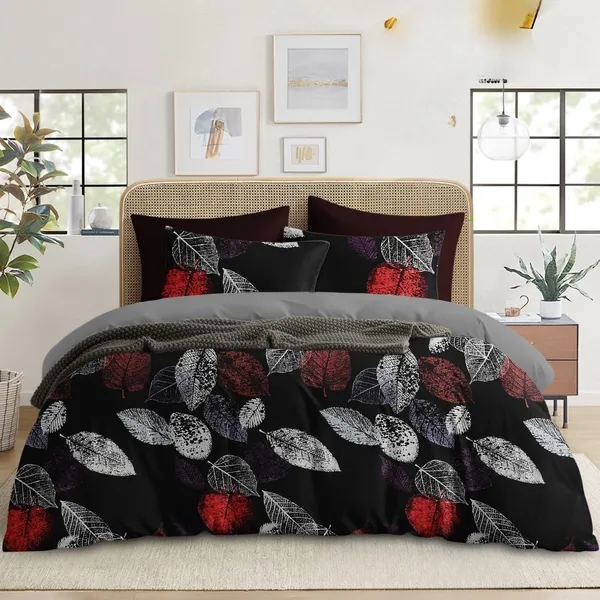 BLACK_LEAVES_220_TC_-_Cotton_Elastic_Fitted_King/Queen_Size_Bedsheets_With_2_Pillow_Covers