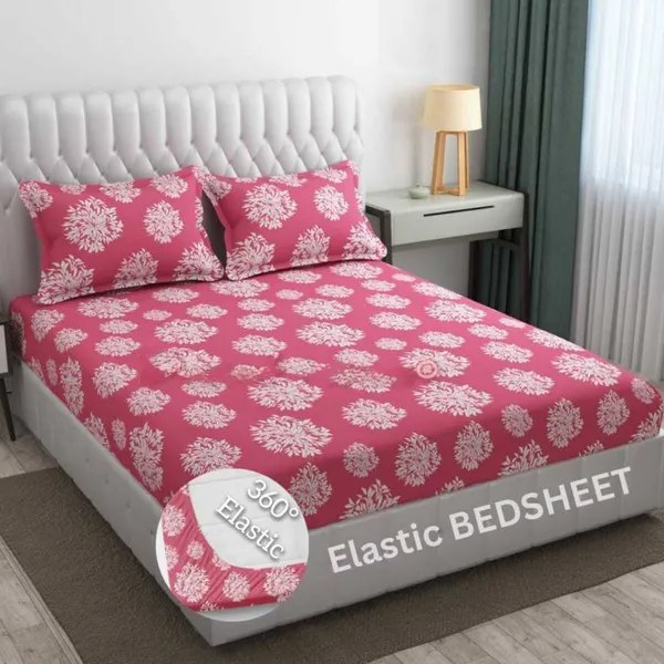 PINK_DAMASS_220_TC_-_Cotton_Elastic_Fitted_King/Queen_Size_Bedsheets_With_2_Pillow_Covers