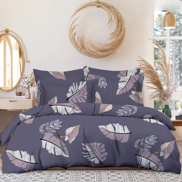 PURPLE_FEATHER_220_TC_-_Cotton_Elastic_Fitted_King/Queen_Size_Bedsheets_With_2_Pillow_Covers