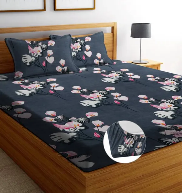 GREY_KALI_220_TC_-_Cotton_Elastic_Fitted_King/Queen_Size_Bedsheets_With_2_Pillow_Covers