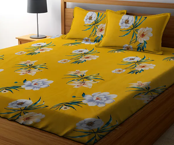 NEW_YELLOW_FLOWER_Premium_Fitted_Elastic_Bedsheet_with_Two_Pillow_Covers_(72X78X_Up_to_10_Inches)_&_360_Degree_Elasticated