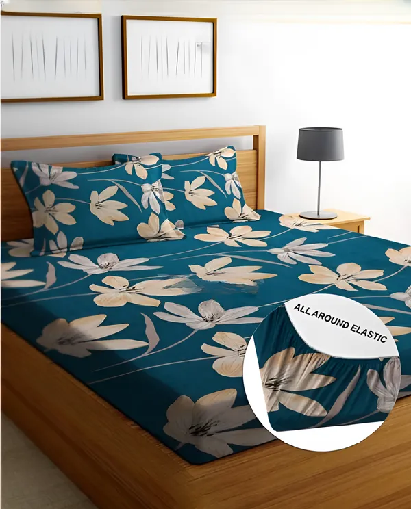 RISING_STAR_220_TC_-_Flower_Cotton_Elastic_Fitted_King/Queen_Size_Bedsheets_With_2_Pillow_Covers
