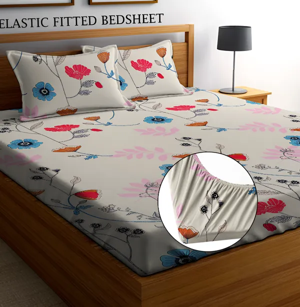 CREAM_TWIL_Premium_Fitted_Bedsheet_with_2_Pillow_Covers_(72X78X_Up_to_10_Inches)_&_360_Degree_Elasticated