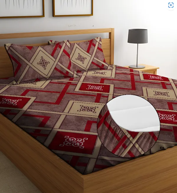 DECORUM_220_TC_-_Red_Cotton_Elastic_Fitted_King/Queen_Size_Bedsheets_With_2_Pillow_Covers