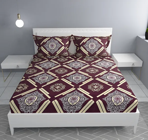 BROWN_DAMASSES_Premium_Fitted_Elastic_Bedsheet_with_Two_Pillow_Covers_(72X78X_Up_to_10_Inches)_&_360_Degree_Elasticated