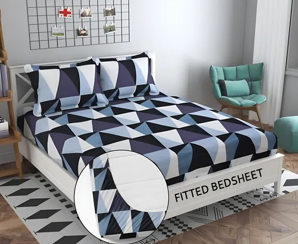 BLUE_TRIANGLE_220_TC_Cotton_Elastic_Fitted_King/Queen_Size_Bedsheets_With_2_Pillow_Covers