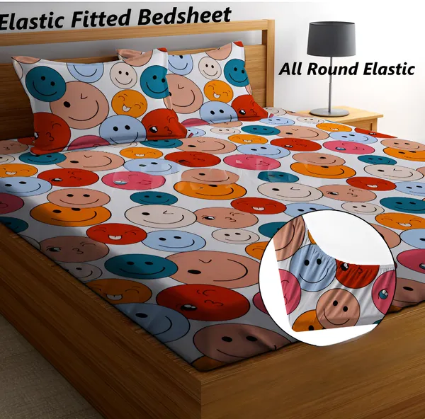 SMILEY_220_TC_-_MULTICOLOR_Cotton_Elastic_Fitted_King/Queen_Size_Bedsheets_With_2_Pillow_Covers