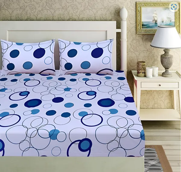 WHITE_BLUE_HOLE_220_TC_-_WHITE_colour_Cotton_Elastic_Fitted_King/Queen_Size_Bedsheets_With_2_Pillow_Covers