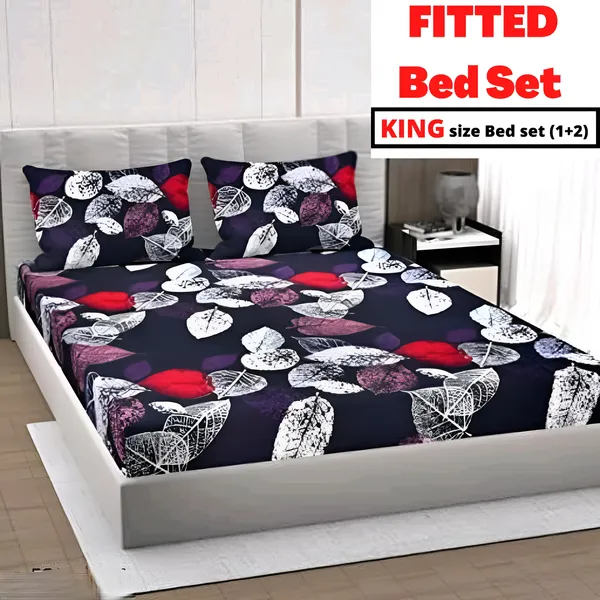 BLACK_LEAVES_Premium_Fitted_Floral_Bedsheet_with_2_Pillow_Covers_(72X78X_Up_to_10_Inches)_&_360_Degree_Elasticated