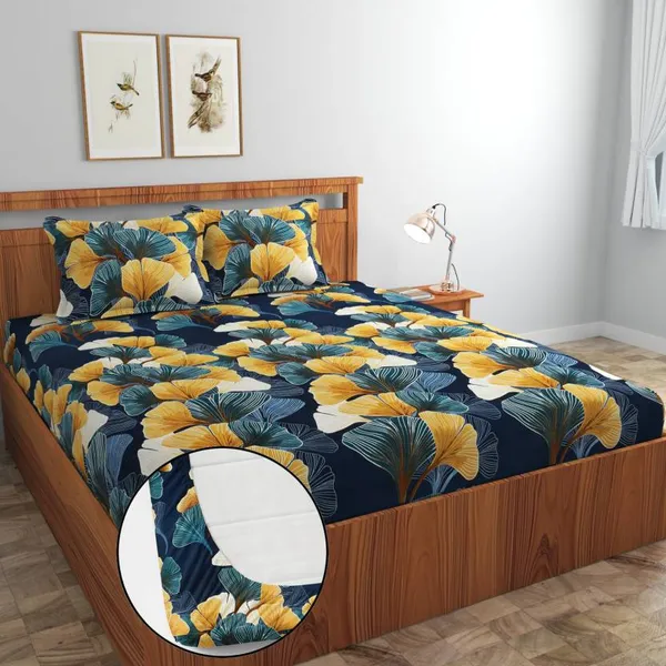 CAULI_FIT_220_TC_-_Cotton_Elastic_Fitted_King/Queen_Size_Bedsheets_With_2_Pillow_Covers