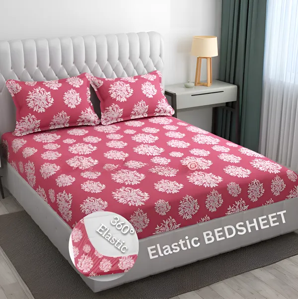 PINK_DAMASS_220_TC_-_Cotton_Elastic_Fitted_King/Queen_Size_Bedsheets_With_2_Pillow_Covers