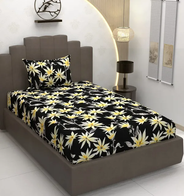220_TC_Black_Leaves_Single_Bed_Fitted_Bedsheet_Having_Size_36X72_(Fits_Upto_8_Inches_Of_Mattress)