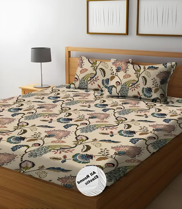 PEACOCK_220_TC_Cotton_All_Round_Elastic_Fitted_Bedsheet_with_2_Pillow_Covers_(72"_X_78"_X_up_to_10")_&_360_Degree_Elasticated