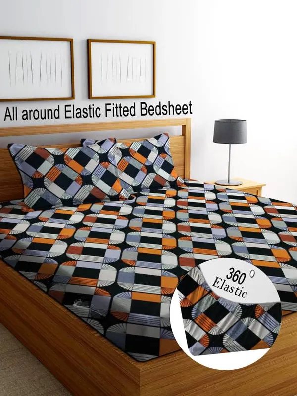 SQUARE_BOX_220_TC_-_Cotton_Elastic_Fitted_King/Queen_Size_Bedsheets_With_2_Pillow_Covers