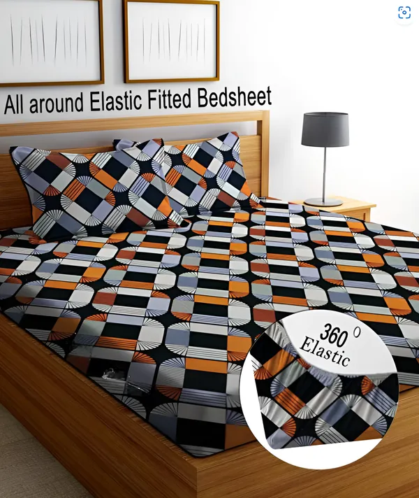 SQUARE_BOX_220_TC_-_Cotton_Elastic_Fitted_King/Queen_Size_Bedsheets_With_2_Pillow_Covers