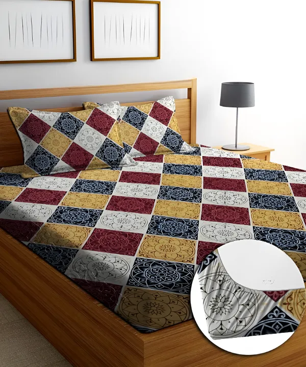 RED_DAMASSES_220_TC_-_Cotton_Elastic_Fitted_King/Queen_Size_Bedsheets_With_2_Pillow_Covers