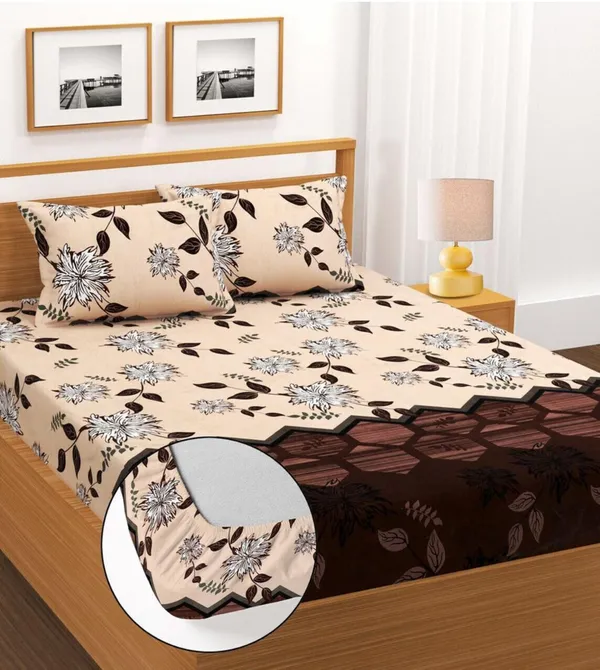 CREAM_AND_BROWN_220_TC_-_Cotton_Elastic_Fitted_King/Queen_Size_Bedsheets_With_2_Pillow_Covers