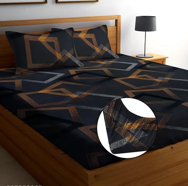 BLACK_SQUARES_220_TC_-_Cotton_Elastic_Fitted_King/Queen_Size_Bedsheets_With_2_Pillow_Covers