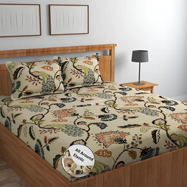 PEACOCK_220_TC_-_Cotton_Elastic_Fitted_King/Queen_Size_Bedsheets_With_2_Pillow_Covers