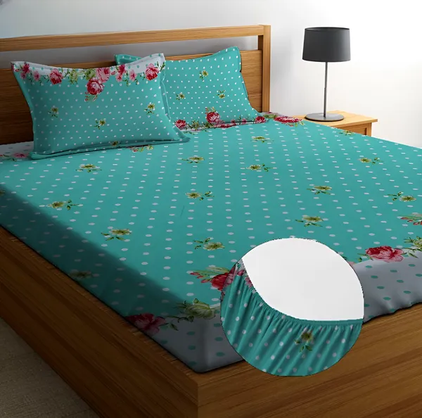 GREEN_DOTTED_220_TC_Fitted_Elastic_Bedsheet_with_Two_Pillow_Covers_(72X78X_Upto_10_Inches)_&_360_Degree_Elasticated