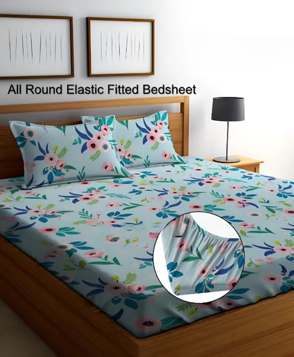 SEA_GREEN_Cotton_Elastic_Fitted_King/Queen_Size_Bedsheets_300_TC_With_2_Pillow_Covers