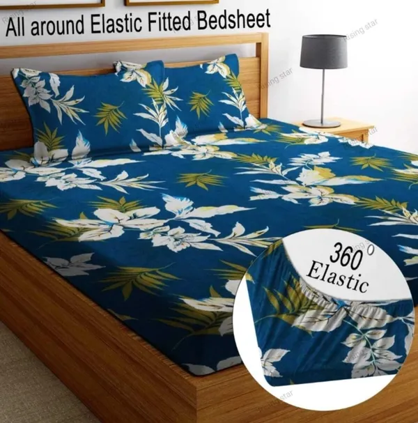BLUE_220_TC_-_Cotton_Elastic_Fitted_King/Queen_Size_Bedsheets_With_2_Pillow_Covers