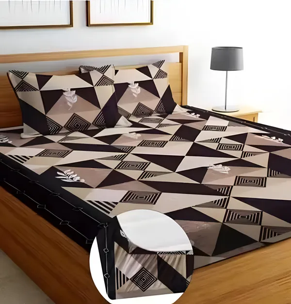 BROWN_DAMASS_220_TC_Double_Bedsheet_With_2_Pillow_Covers_(72X78X_Up_to_10_Inches)_&_360_Degree_Elasticated