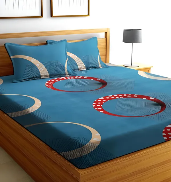 BLUE_Cotton_Elastic_Fitted_Bedsheets_300_TC_With_2_Pillow_Covers