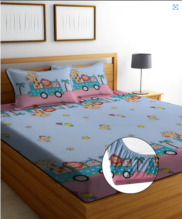 TEENZ_CAR_Premium_Fitted_Elastic_Bedsheet_with_Two_Pillow_Covers_(72X78X_Upto_10_Inches)_&_360_Degree_Elasticated