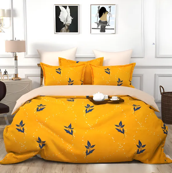 YELLOW_PRINTS_220_TC_-___Cotton_Elastic_Fitted_King/Queen_Size_Bedsheets_With_2_Pillow_Covers