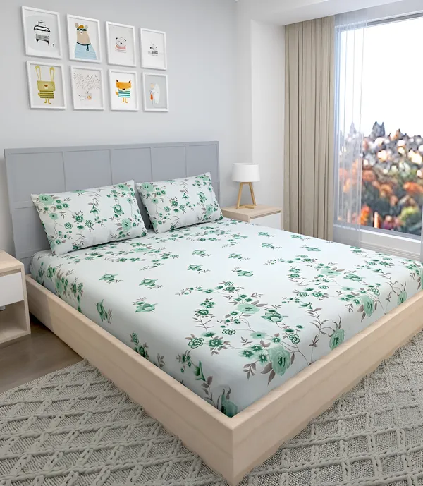 220_TC_-_LIGHT_GREEN_Cotton_Elastic_Fitted_King/Queen_Size_Bedsheets_With_2_Pillow_Covers