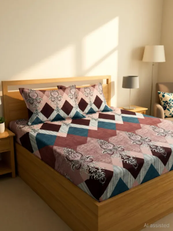 JK_DESIGN_220_TC_-_Cotton_Elastic_Fitted_King/Queen_Size_Bedsheets_With_2_Pillow_Covers