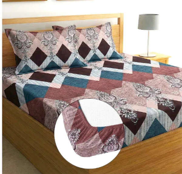 JK_DESIGN_220_TC_-_Cotton_Elastic_Fitted_King/Queen_Size_Bedsheets_With_2_Pillow_Covers