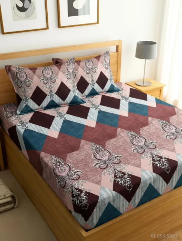 JK_DESIGN_220_TC_-_Cotton_Elastic_Fitted_King/Queen_Size_Bedsheets_With_2_Pillow_Covers