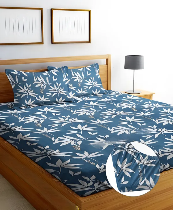 LEAVES_BUE_PATTERN_220_TC_Fitted_Elastic_Bedsheet_with_Two_Pillow_Covers_(72X78X_Up_to_10_Inches)_&_360_Degree_Elasticated