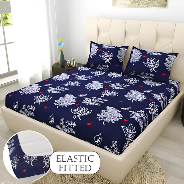 HEART_RED_220_TC_-_Cotton_Elastic_Fitted_King/Queen_Size_Bedsheets_With_2_Pillow_Covers