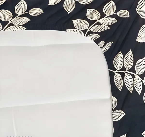 BLACK_CHANNI_LEAVES_220_TC_-_Cotton_Elastic_Fitted_King/Queen_Size_Bedsheets_With_2_Pillow_Covers