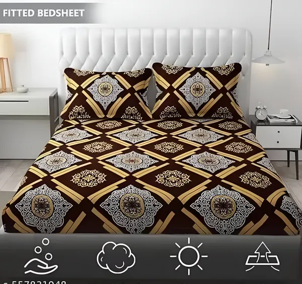BROWN_DAMASS_300_TC_-_Cotton_Elastic_Fitted_King/Queen_Size_Bedsheets_With_2_Pillow_Covers