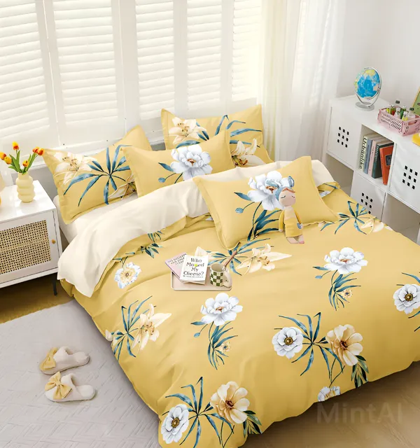 YELLOW_FLOWER_Premium_Fitted_Elastic_Bedsheet_with_Two_Pillow_Covers_(72X78X_Up_to_10_Inches)_&_360_Degree_Elasticated