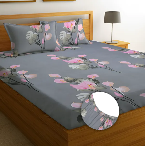 KALI_FLOWER_220_TC_-_GREY_Cotton_Elastic_Fitted_King/Queen_Size_Bedsheets_With_2_Pillow_Covers