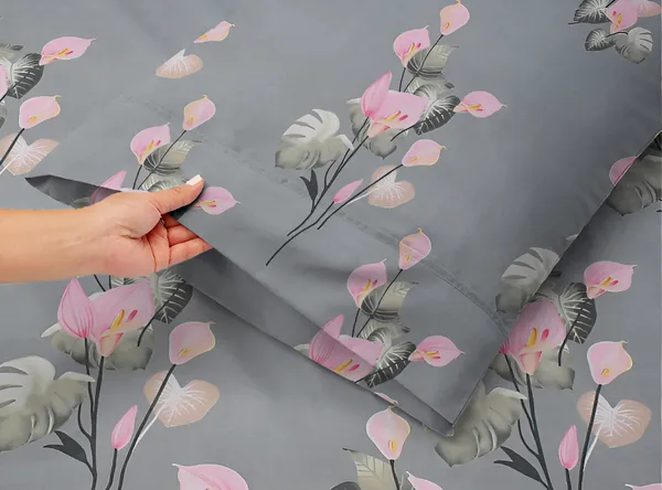 KALI_FLOWER_220_TC_-_GREY_Cotton_Elastic_Fitted_King/Queen_Size_Bedsheets_With_2_Pillow_Covers