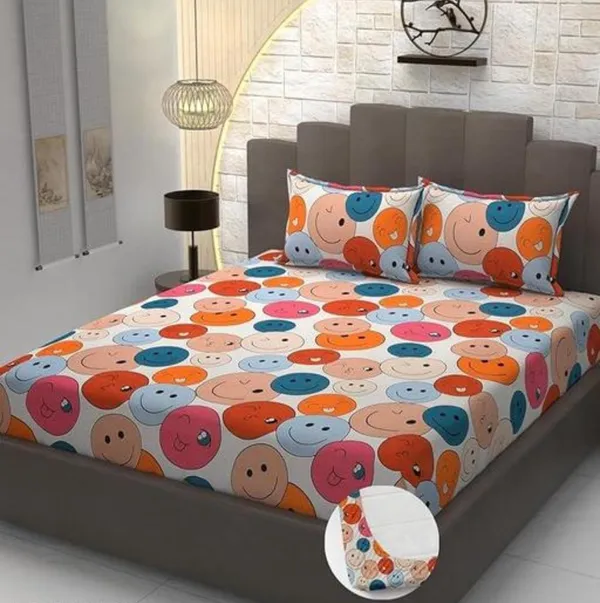 SMILEY_220_TC_-_MULTICOLOR_Cotton_Elastic_Fitted_King/Queen_Size_Bedsheets_With_2_Pillow_Covers
