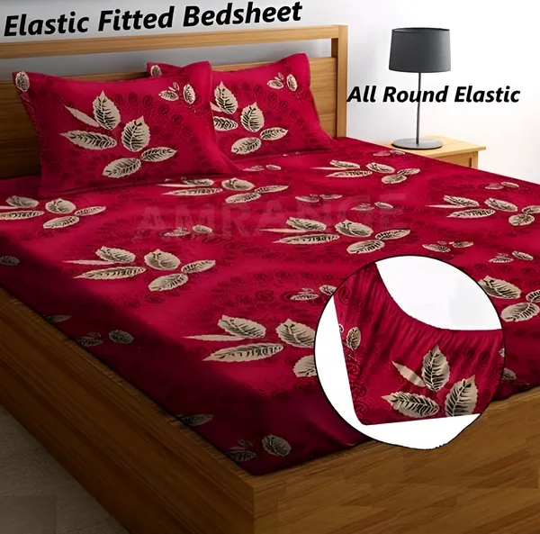RED_ROSE_220_TC_-_red_Cotton_Elastic_Fitted_King/Queen_Size_Bedsheets_With_2_Pillow_Covers