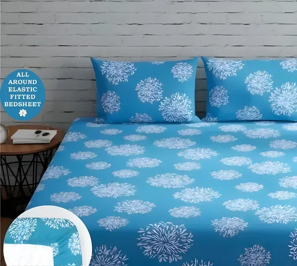 SKY_BLUE_DAMASS_220_TC_-_BLUE_Cotton_Elastic_Fitted_King/Queen_Size_Bedsheets_With_2_Pillow_Covers