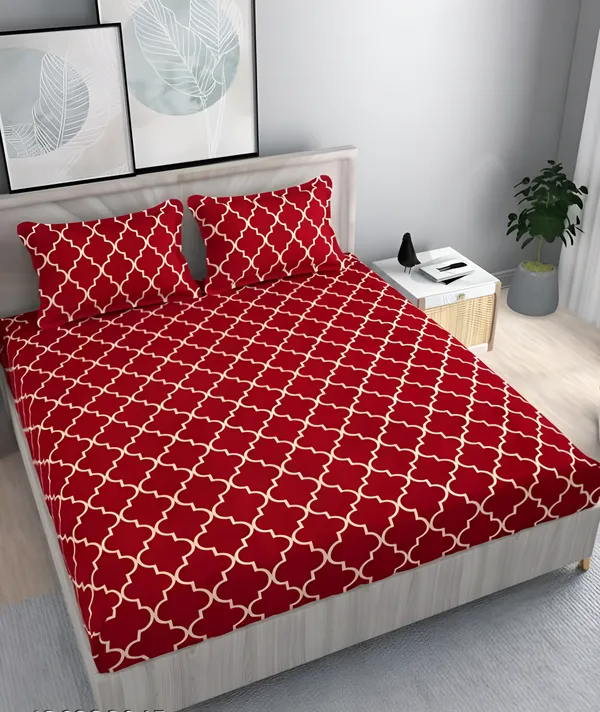 RED_CARPET_220_TC_-_Cotton_Elastic_Fitted_King/Queen_Size_Bedsheets_With_2_Pillow_Covers